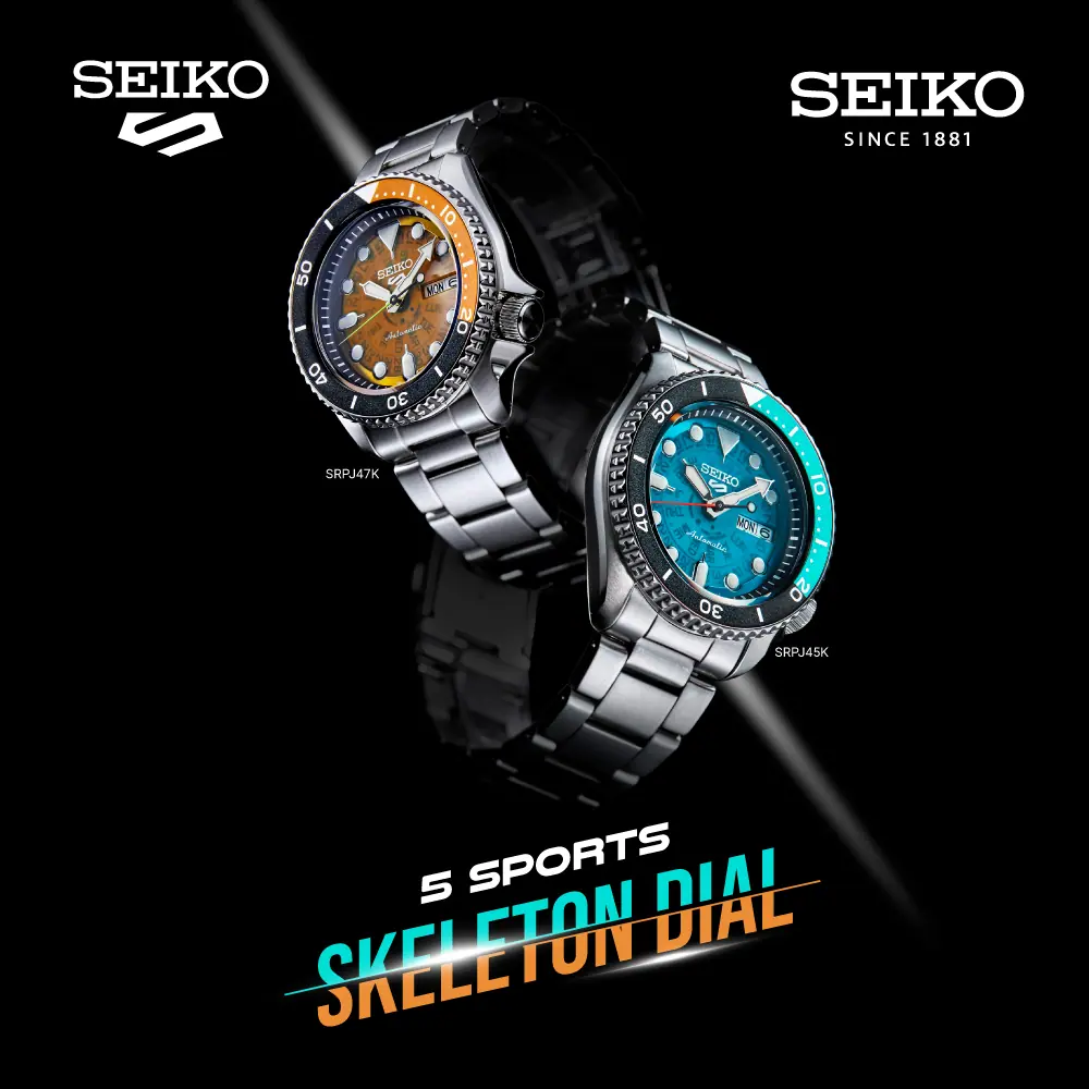 NEW SEIKO 5 SPORTS SKELETON TIME SONAR 70'S WATCH MODEL : SRPJ45K